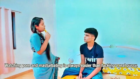 Indian mom in blue dress talks about porn and masturbation with young guy