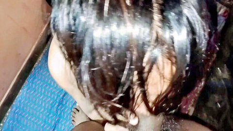 Blurry closeup of Indian housewife with long dark hair during intense hardcore session