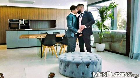 Bearded Justin Jett kisses Latino Bastian Karim in suits