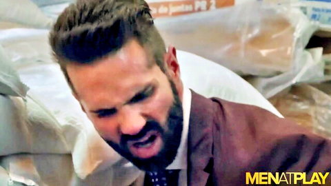 Intense bearded man in suit shouting passionately, gay adult teaser