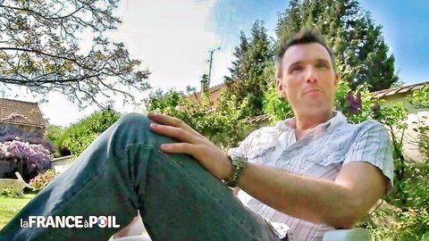 Mature man outdoors in garden shirt for SSBBW blond adult video