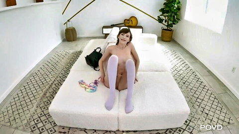 Tristan Summers nude in POV casting, spreading legs in white stockings