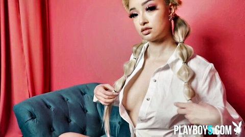 Scarlett Bloom mixed-race beauty in open white shirt, blonde pigtails, Playboy solo tease