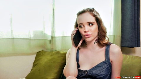 Innocent Aliya in low-cut denim dress, seductive phone call on bed