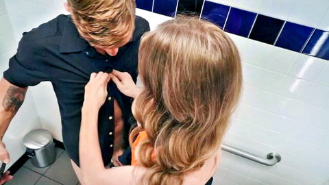 Anya Olsen unbuttons inked man's shirt in sneaky restaurant bathroom tease