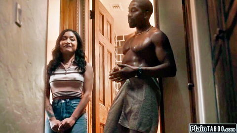 Avery Black as Asian employee with shirtless Black boss in towel, suggestive encounter