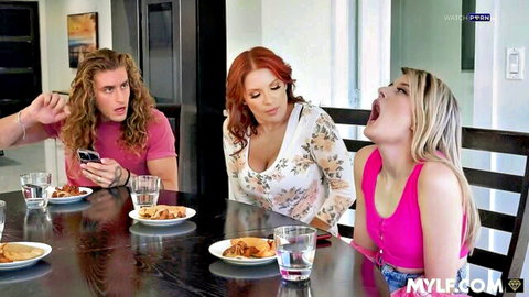 Elise London redhead MILF in threesome with vibrating panties and squirting at dinner