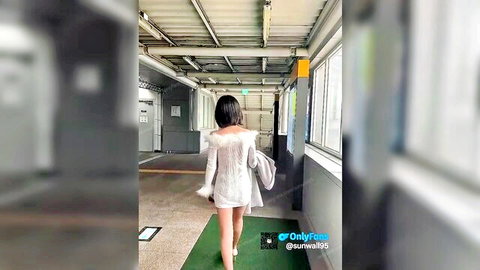 sunwall95 in sheer lace top and mini skirt walking away teasingly