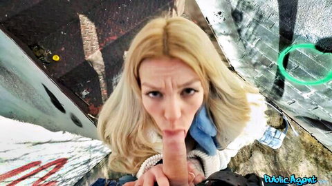 Blonde European babe sucking cock outdoors in Public Agent scene