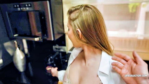 Jayla De Angelis in open white shirt revealing cleavage, hand on shoulder tease