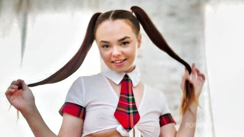 Mia Grandy as cute schoolgirl with pigtails, teasing in uniform