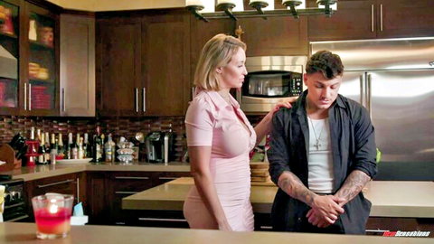 Ryan Keely as busty blonde stepmom in pink dress touching stepson