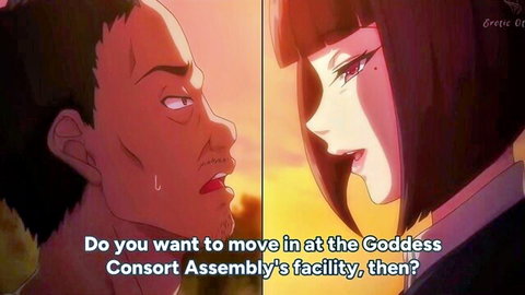 Seductive anime girl with bangs tempts sweating man to join goddess consort assembly hentai scene