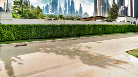 Scenic hedge-lined street with futuristic Kuala Lumpur skyscrapers in sunny background
