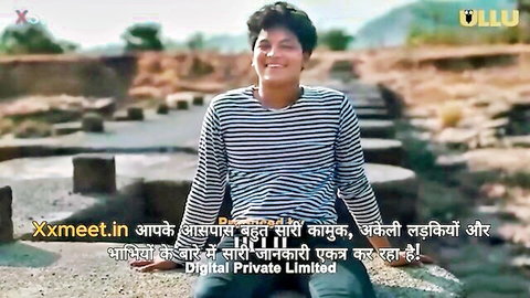 Smiling Indian man in striped shirt on outdoor steps, Ullu erotic movie promo