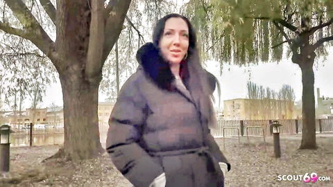Inked German MILF Sara Deluxe in fur jacket, big ass cougar outdoor scout tease