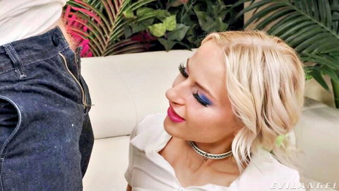 Blonde Sage kneels for Bryan Gozzling fingering in white shirt and choker