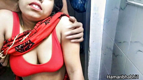 Hot Indian Desi Bhabhi in red saree blouse groped in intense tease