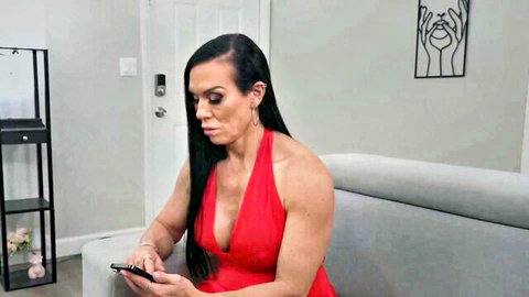 Aliyah Taylor in sexy red halter dress, busty brunette showing cleavage
