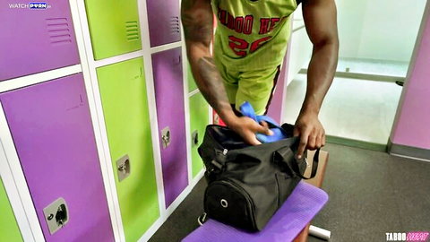 Melanie Hicks BBC Championship: Muscular black stud preps dildo in locker room