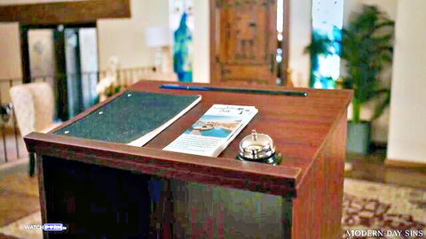 Little Puck in blue dress seducing at resort desk, Modern Day Sins