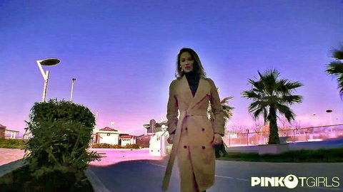 Bianca shemale in trench coat walking outdoors, hot threesome teaser