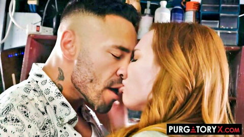 Sophia Locke passionately kissing tattooed man in intimate scene
