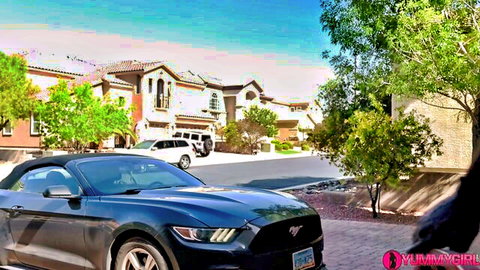 Sofie Marie suburban sneak workout with blue Mustang convertible