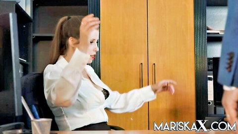 Mariska X in steamy office encounter, blonde in blouse and bra