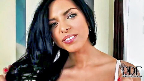 Sweet Peach nude posing with long dark hair, smiling brunette in Sweet Peach Pie