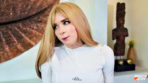 Blonde wife's twin sister teases in tight white top for blowjob
