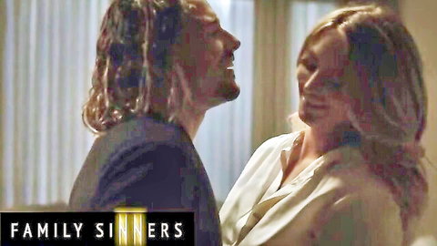 Smiling long-haired man gazes at blonde woman in white blouse for Family Sinners promo