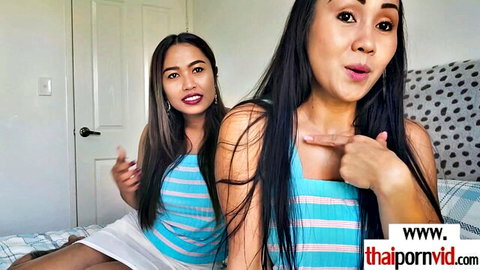 Blindfolded Thai MILF Joon Mali teased by lesbian GF in striped tops