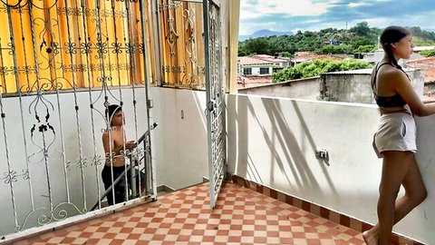 SofiaYriky in white bralette and shorts teasing big ass on balcony