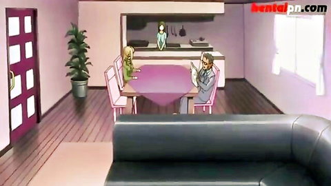 Busty green-haired anime girls in aprons serve older man at kitchen table