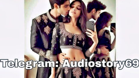 Hot Indian couple in embroidered traditional outfits kissing passionately in mirror selfie with bare midriff babe