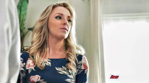 Kate Kennedy, slender blonde in floral dress, teasing in MMF threesome scene