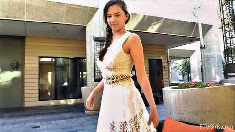 Ellie in sparkling white lace dress, teasing outdoor walk no panties FTV Girls