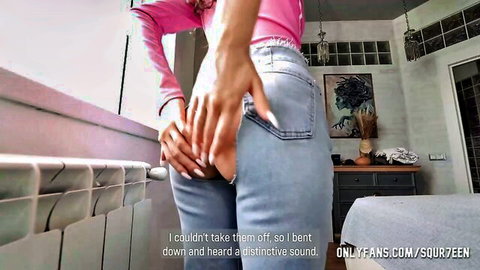 Squir7een bends over in jeans, teasing round ass in amateur OnlyFans video