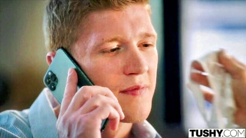 Oliver Flynn on phone in office, seducing coworker Vanessa Sky in Tushy anal video