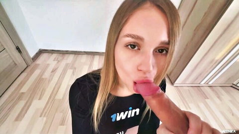 Allinika blonde teen sucking purple dildo, close-up oral tease