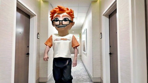 Hazel Heart's first cock ride ends in cum splash, Pornhub mascot hallway promo