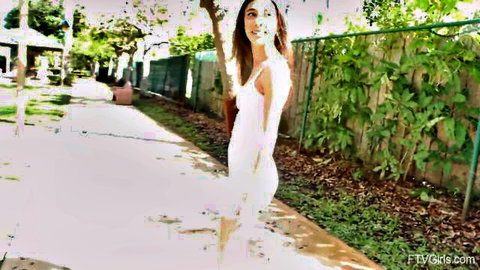 Eva Generosi petite beauty in white dress walking outdoors, FTVGirls solo tease