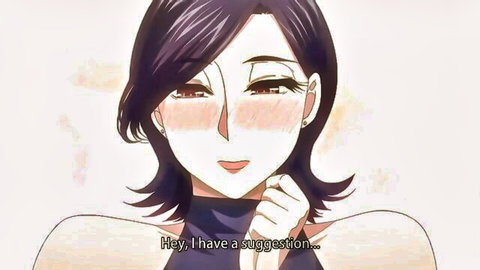 Blushing curvy anime MILF with purple hair teases with suggestion