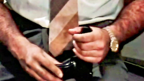 Moustached cop in suit watches unshapely Asian woman masturbate