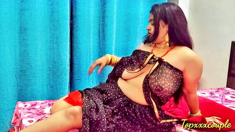 Topxxxcouple's curvy Indian wife in sheer black dress exposing large breasts