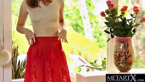 Blaire Ivory teases in sheer beige top and red skirt, perfect breasts visible