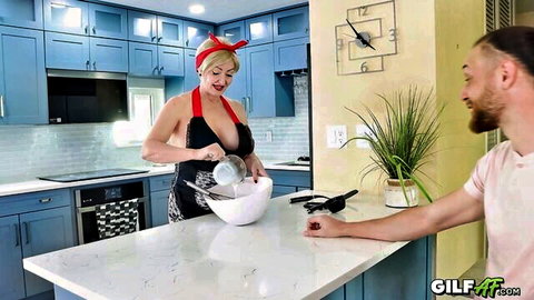 Seka Black as gilf in sexy apron pouring batter, teasing man in kitchen