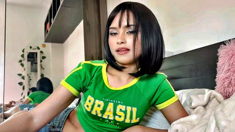 Sexy Latina in green Brazil jersey teases with cleavage in POV bedroom