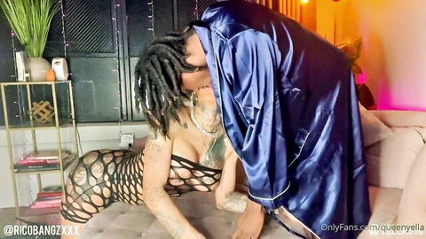 Queen Yella in revealing mesh lingerie kissed passionately by partner